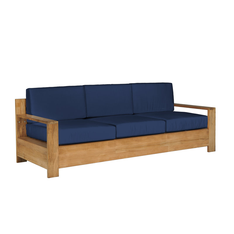Qube 3 Person Teak Outdoor Sofa With Sunbrella Antique Beige Cushions, Charcoal Grey Sunbrella®, Natural Wood
