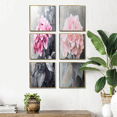 Soft Pink Hydrangea In Greyscale - Floral Wall Art Prints Set Of 6
