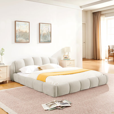 Queen Size Elegant Chenille Upholstered Platform Bed Frame, Thick Curved Headboard & Wrapped Footboard, Low Profile Floor Bed, No Box Spring Required, Easy Assembly, Beige (68''×92.7''×26.8'')