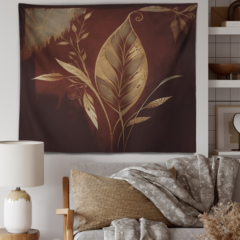 Tapisserie en polyester terre cuite et feuilles de chocolat IV, H 32 po x l 39 po