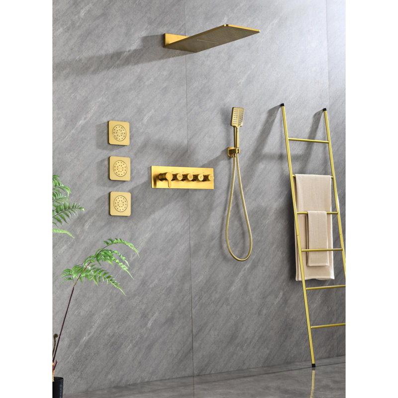 3 jets de corps et douche murale, or, système de douche au design naturel, laiton, façon