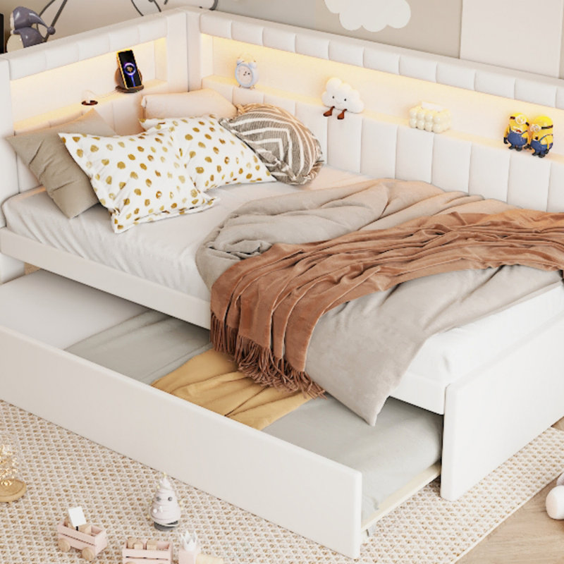 Lit plateforme tapissier simple avec ports USB, éclairage à DEL et lit gigogne pour un confort moderne et peu encombrant