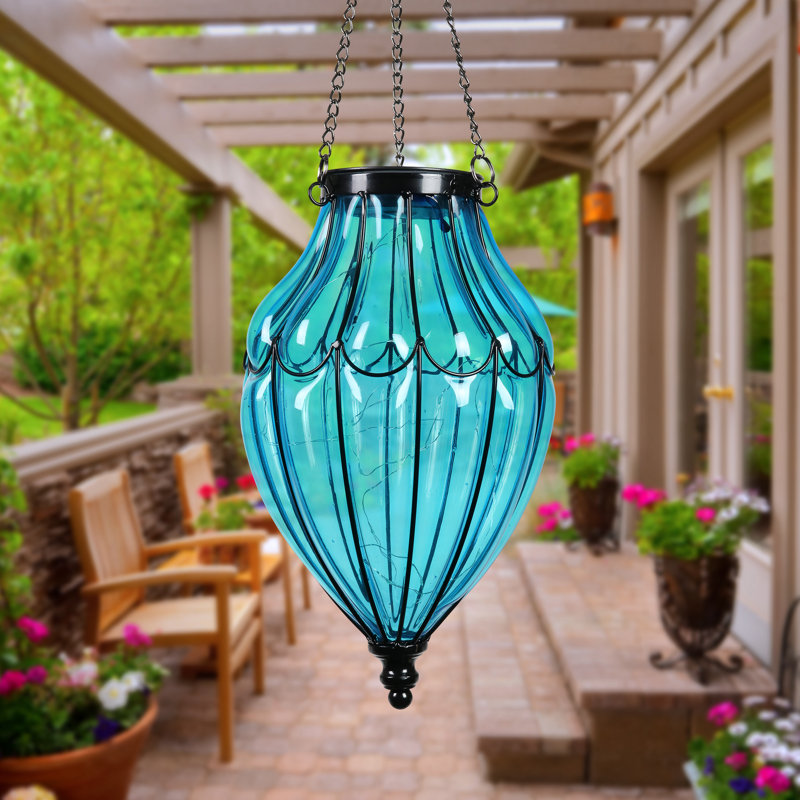 Exhart Solar Hanging Lantern with Waving Pattern, Blue