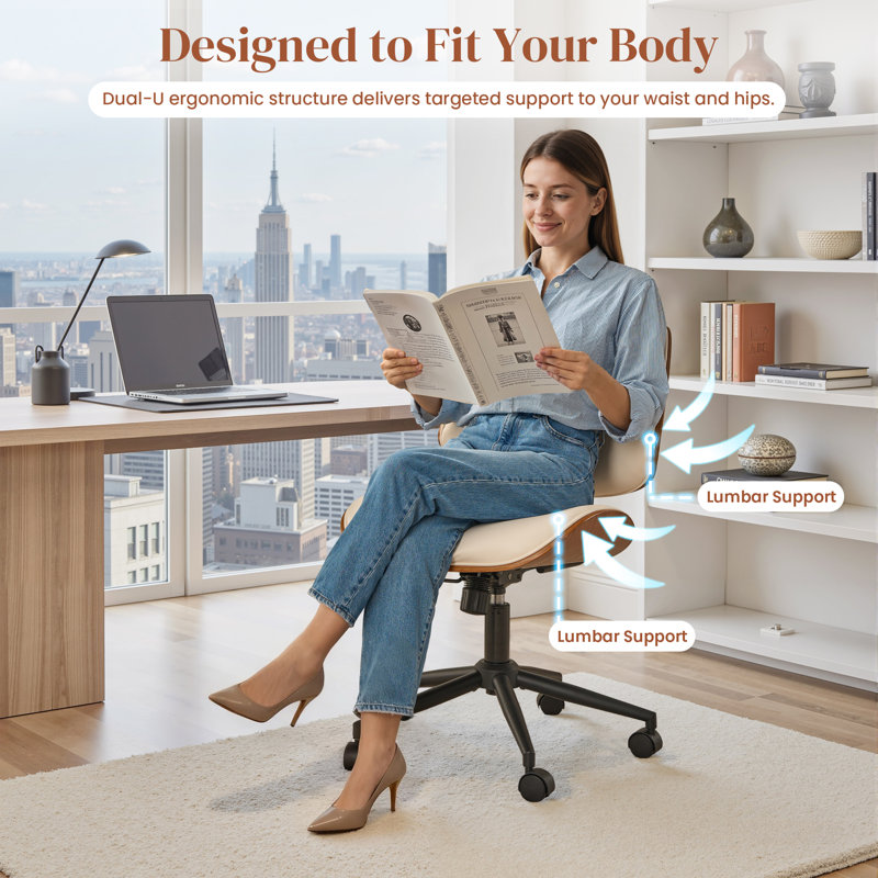 Ergonomic Adjustable Height Task Chair With Thickened Cushion, Beige