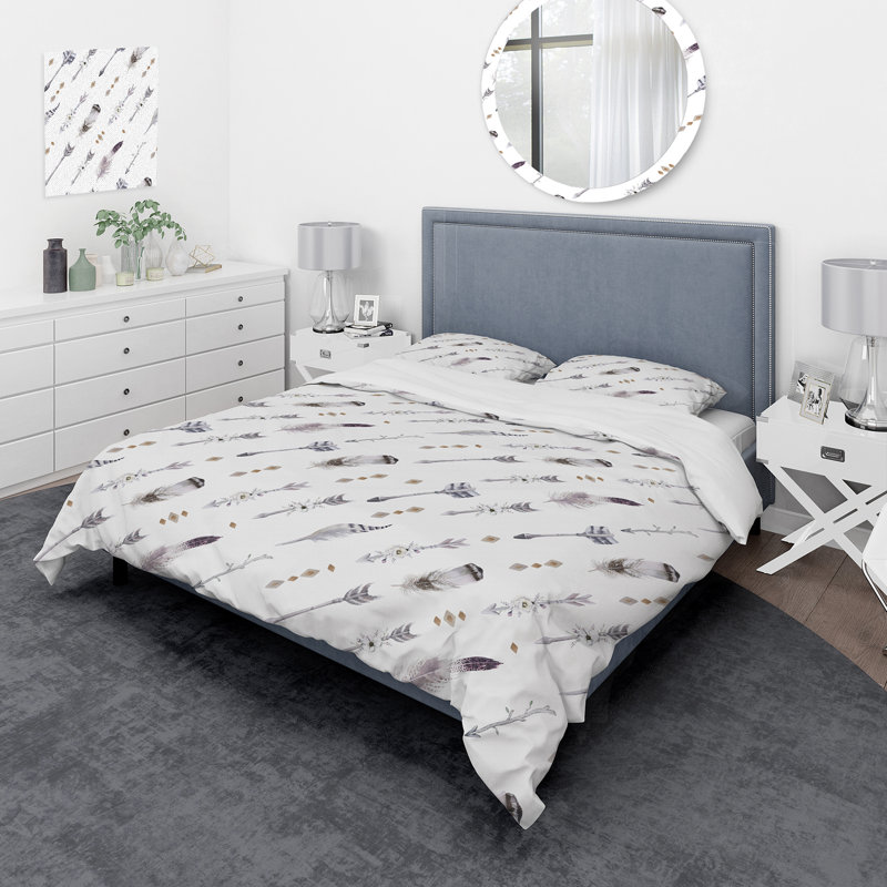 Boho Feathers And Arrows - Ensemble de housse de couette bohémien - Microfibre de polyester, Blanc