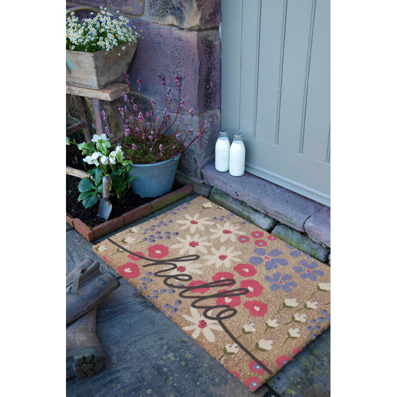Hello Scribbly Floral Coir Doormat, Brown, 60cm W x 90cm L