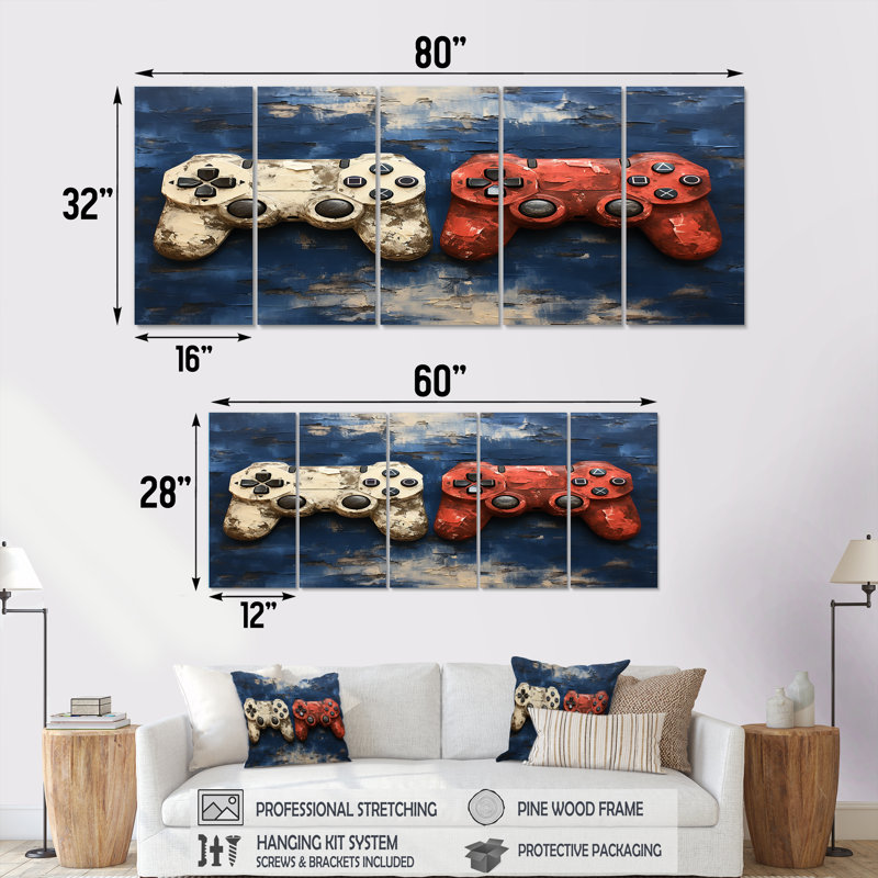 «White and Red Ps Video Game Controllers», ensemble de 5 pièces d'art mural, H 32 po x l 80 po