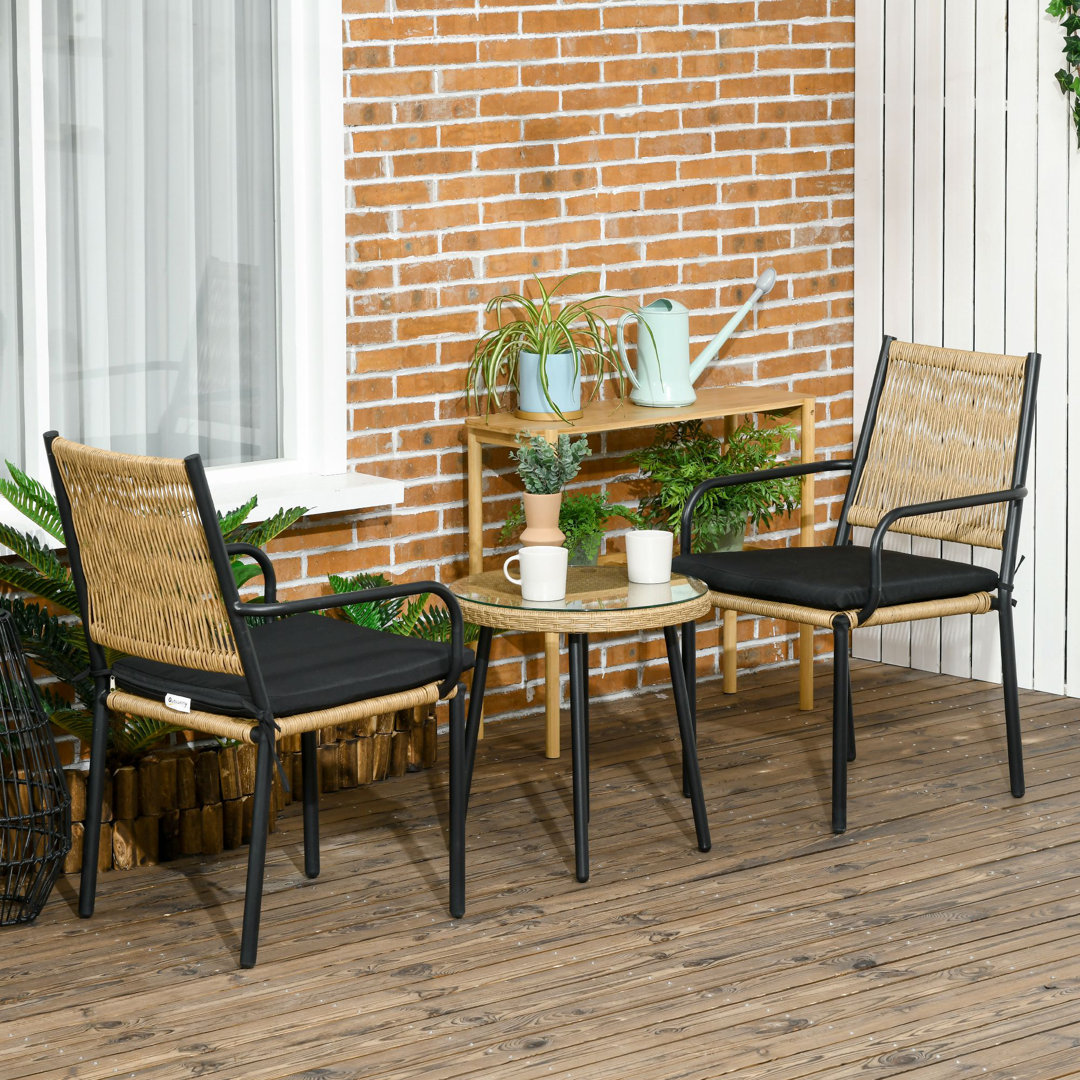 3-TLG. Rattan Gartenmöbel-Set, Balkonmöbel, Bistro-Set mit Sitzkissen, Sitzgruppe