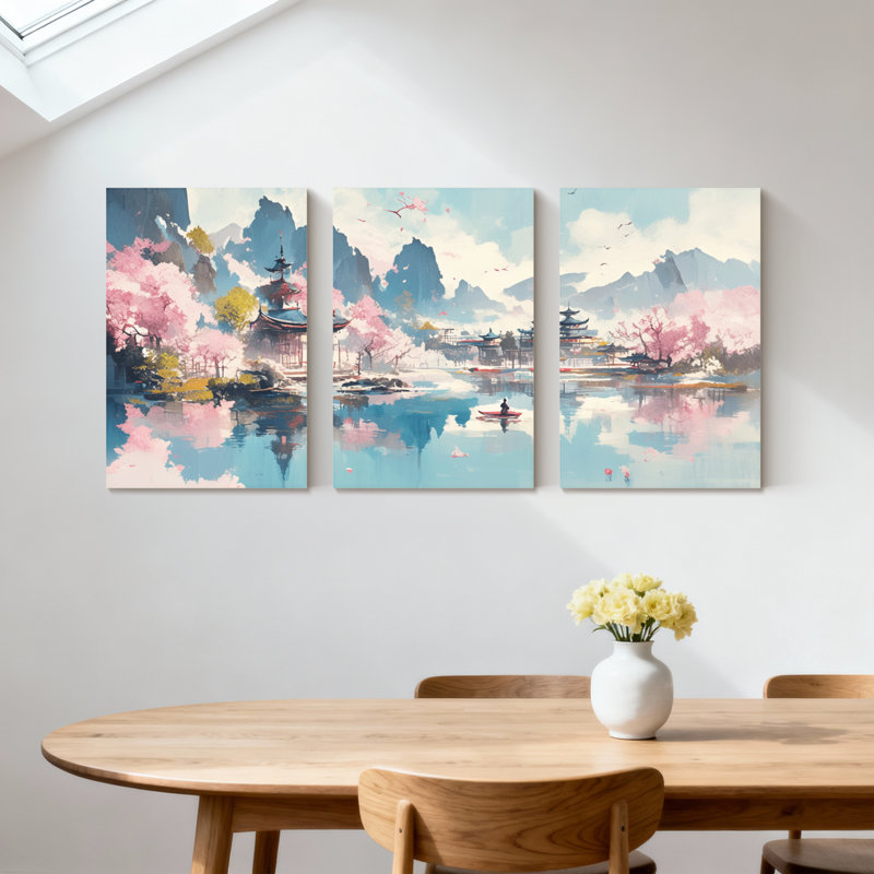 Paysage et nature Cherry Blossom Temple Lake Reflection Mountains Boat Sky, ensemble de 3 impressions sur toile