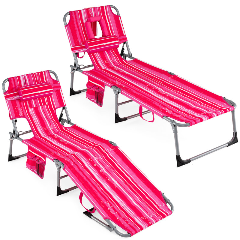 Outdoor Beach Lounge Chair Folding Chaise Lounge with Pillow Light Pink, 1