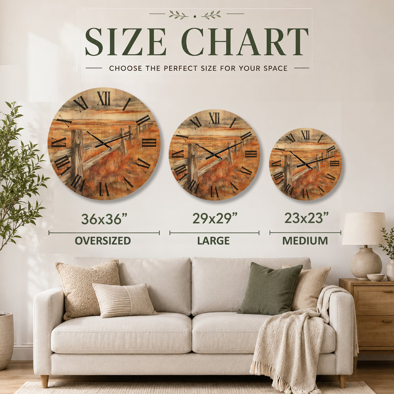 Horloge murale rustique en bois campagne - Clôture en bois le long des champs d'automne, Oversized