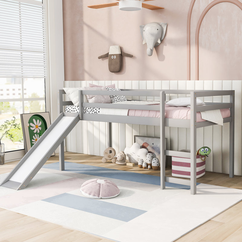 Lit mezzanine avec glissade, conception multifonctionnelle, lit simple, Gris