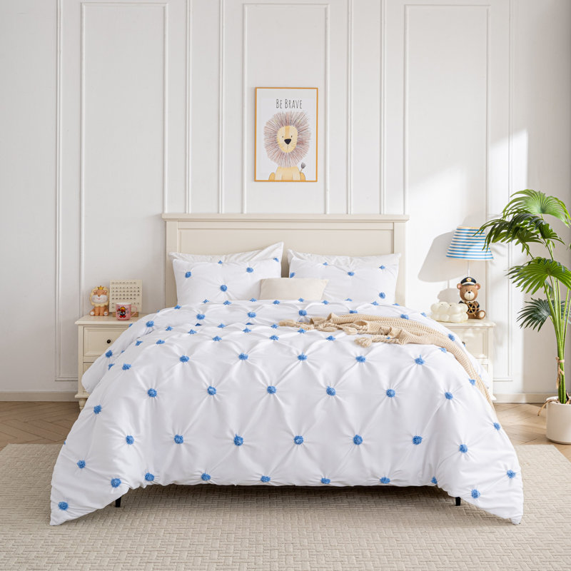 Ensemble de 3 pièces d'édredon en microsuède brodé à plis pincés, Bleu, Édredon pour lit simple + 1 taie décorative stan