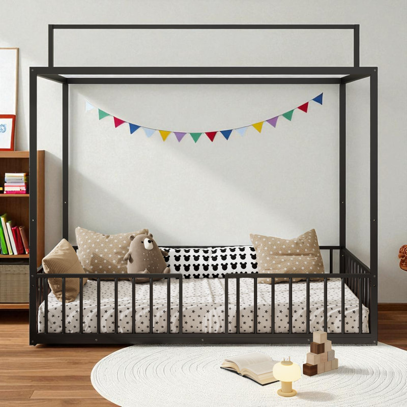 Metal Canopy Bed With Removable Fence, Twin, Black
