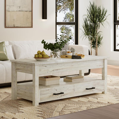 Lift Top Coffee Table With Drawers And Hidden Storage, Retro Industrial Design Living Room Table With Ergonomic Adjustable Height And Sturdy Construct