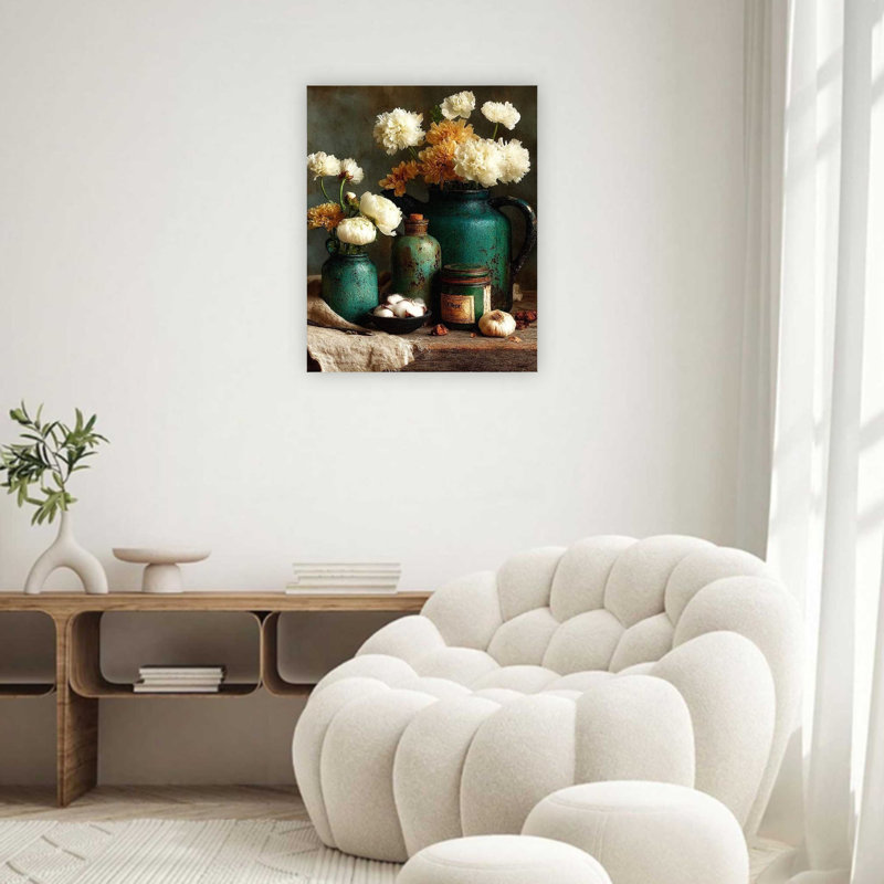 Vases verts, fleurs blanches et beige, épices de coton sur une table en bois rustique, art mural de qualité supérieure pour le salon, 32 x 24 po
