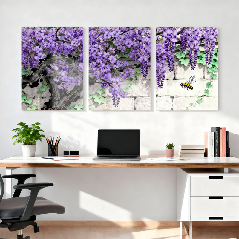 Tableau sur toile tendue représentant une glycine violette et une abeille (paquet de 3), H 18 po x l 36 po