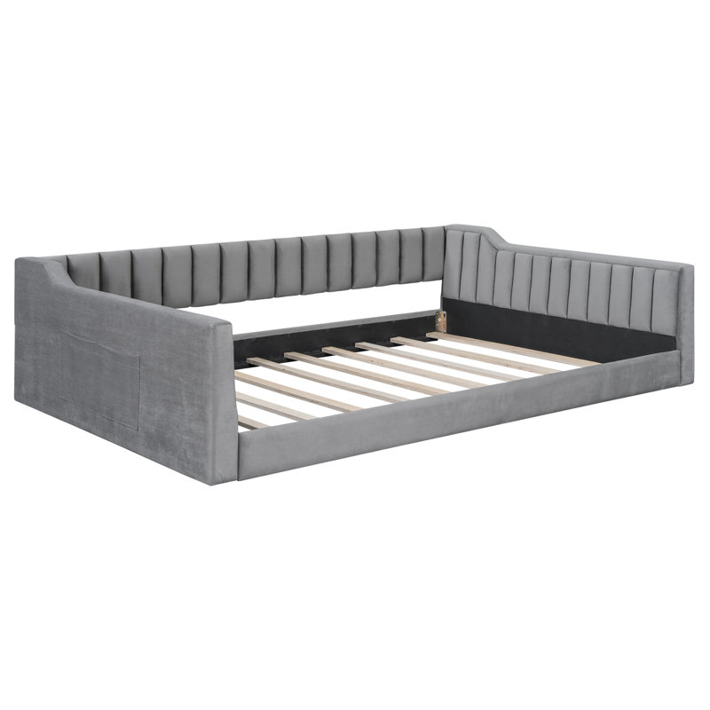 Lit de jour rembourré et poche de rangement latérale, Gris, Lit double