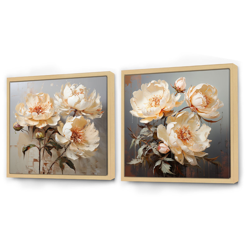 Soft Peony Embrace - Ensemble de 2 pivoines carrées, Cadre flottant brun, H 30 po x l 61 po