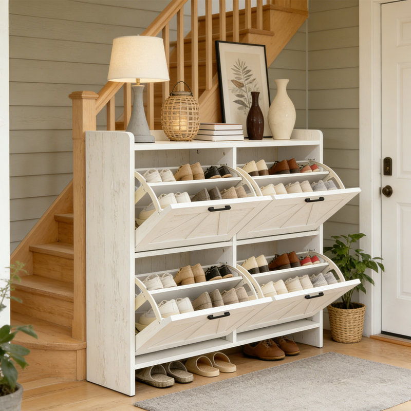 Armoire de rangement pour chaussures avec 4 tiroirs rabattables, range-chaussures moderne pour le vestibule, Blanc