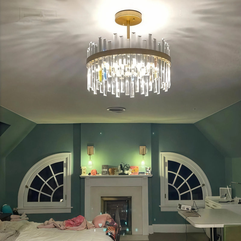Maggio 5-Light 18.5" Low-gloss Warm Brass Finish Crystal Prism Drum Semi Flush Mount