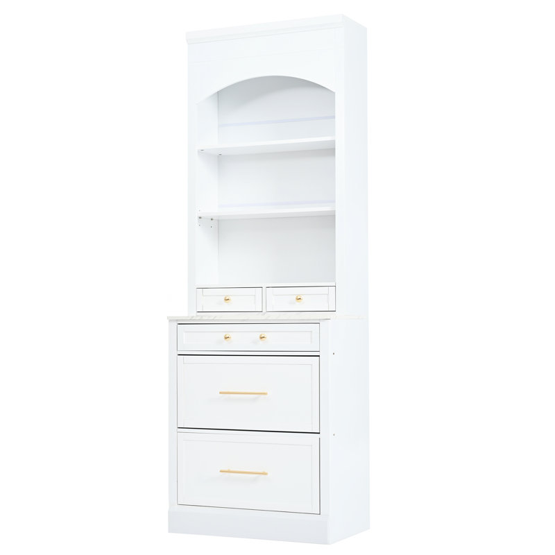 Armoire de cuisine moderne de 83,7 pouces de hauteur, blanc avec comptoir en faux marbre, 5 tiroirs et tablette réglable, 2 pour un rangement élégant, utilisation de l'espace domestique