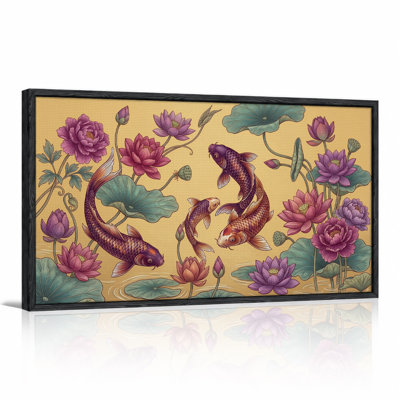 Colorful Koi Fish and Lotus Flowers on Gold Background Canvas Wall Art