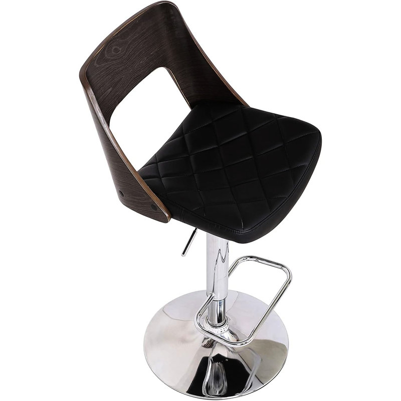 Modern Style Adjustable Stool With Wood Back, 360 Swivel, And Diamond Finish In Weathered Oak Contemporary Oak, Black Upholstery, Back