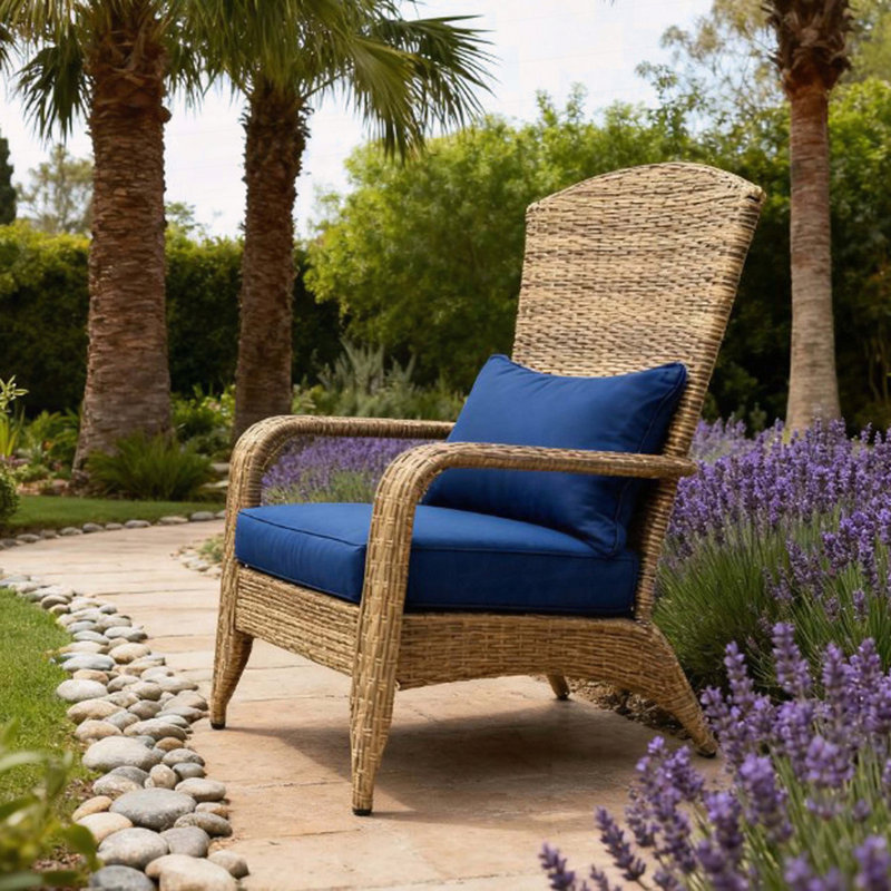 Soft Cushions Chair,Patio Chair With Rattan Wicker, Tall Curved Backrest For Indoor, Outdoor, Dark Blue, Brown