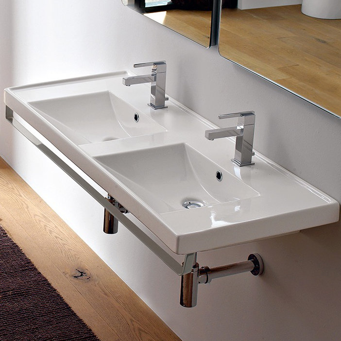 Scarabeo By Nameeks ML 18.5'' White/Chrome Ceramic Rectangular Trough, Wall Mount Bathroom Sink with Overflow, Double