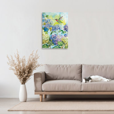 Spring Hydrangeas with Hummingbird Canvas, design by Tim Coffey