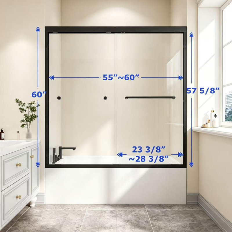 Porte de douche coulissante à double by-pass réversible, cadre en alliage d'aluminium, verre trempé de 1/4 po (6 mm) avec membrane antidéflagrante Nano, installation facile