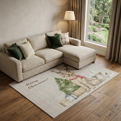 Tapis de Noël lavable pour chien vert et gris taupe 10 'x 14' avec protection UV