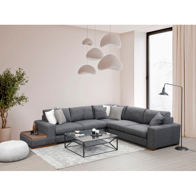 Ensemble de canapé d'angle et de table Modern, anthracite, 111,0 po x 127,5 po x 33,5 po | Structure en bois de hêtre, tissu 100% polyester, 6 coussins (18,0 x 18,0 pouces) | Siège confortable avec pieds en noyer, design scandinave