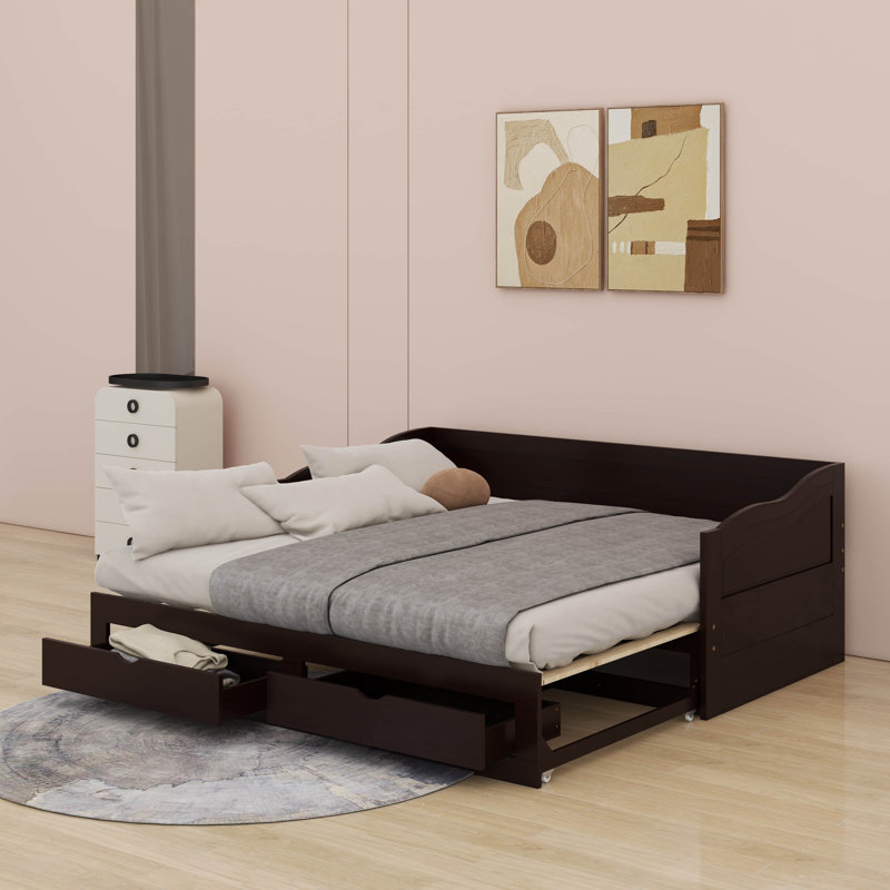 Lit de jour simple en bois avec couchette et tiroirs de rangement, Espresso