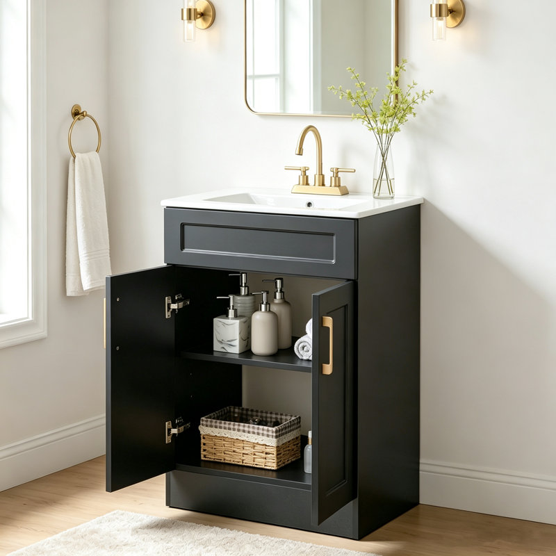 24'' Morden Single Bathroom Vanity With Ceramic Top, Black