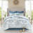 8 Piece Cotton Bedding King Blue - Printed Floral Reversible, Solid Euro Shams, Bed Skirt Comforter Watercolor Medallion Print,
