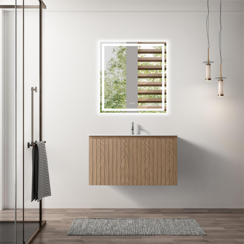 Hood-5N 36.00 In. W X 19.80 In. D X 20.00 In. H  Wall Mounting Bath Vanity In Natural Wood With White Single Sink