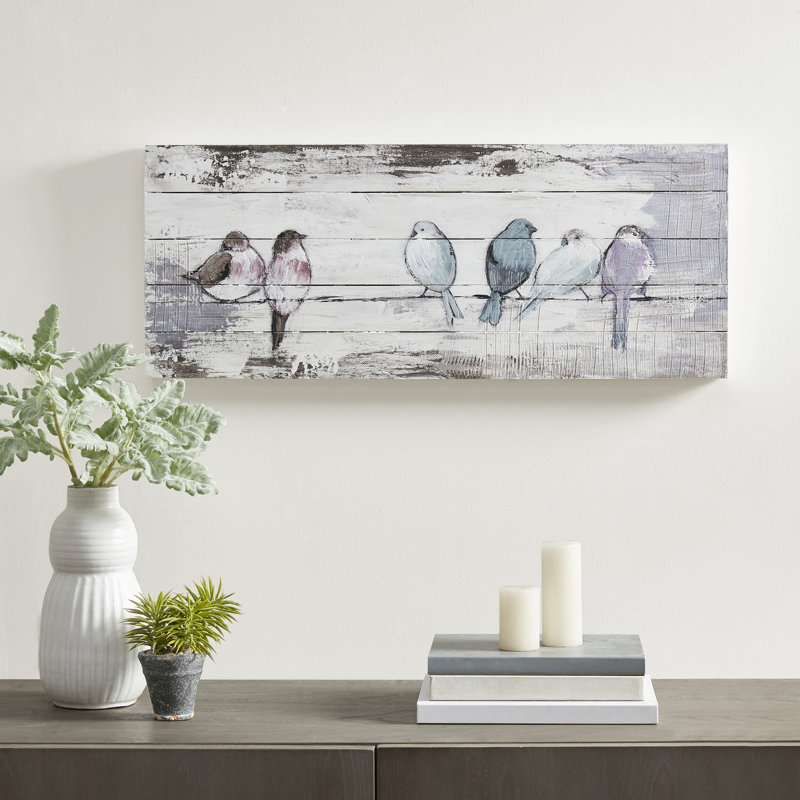 Runda Perched Birds 30"W x 13"H Rectangle Hand Painted Wood Plank Panel Wall Décor