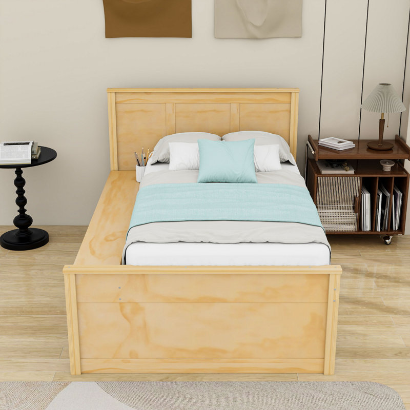 Lit plateforme en bois avec tablettes, lit gigogne et tête de lit, Naturel, Lit simple