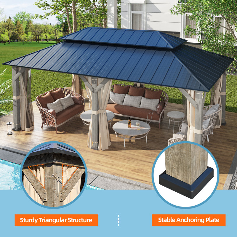 Cedar and Metal Hardtop Outdoor Gazebo with Curtains, 12' x 20'