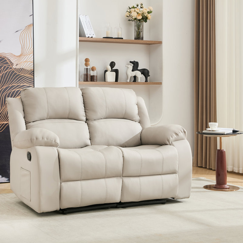 Faux Leather Reclining Loveseat,Modern and Super Soft Manual Reclining Loveseat Sofa-Beige, Beige