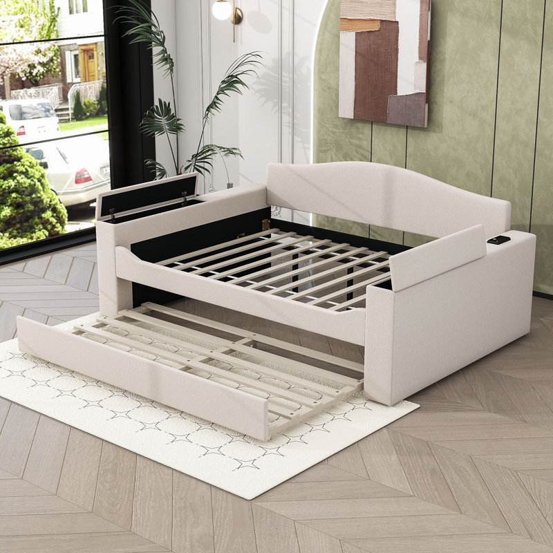 Wood Upholstered Daybed with Integrated Bluetooth Audio System, Storage Armrests and Trundle, Beige, Full