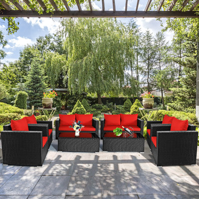 8pcs Rattan Patio Conversation Set Outdoor Furniture Set W/ Turquoise Cushions by Latitude Run