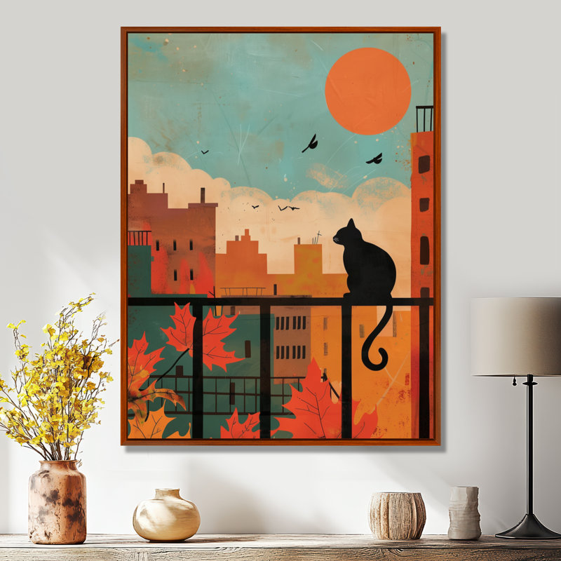 Art urbain, chat urbain regardant le coucher de soleil II - Chat, Toile avec cadre brun, H 20 po x l 12 po x P 1 po