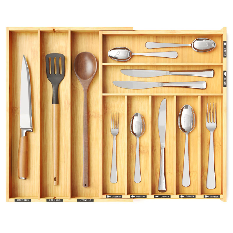 Organisateur de tiroir en bambou avec ustensiles de cuisine, porte-plateau extensible pour ustensiles de cuisine, coutellerie (naturel, 10 fentes)