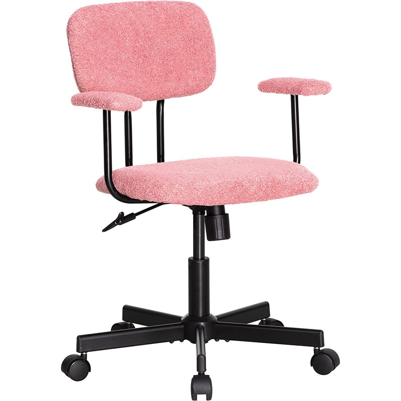 23'' Lamb Wool Armrest Task Chair - Adjustable Swivel with Tufted Back, Pink, Yes