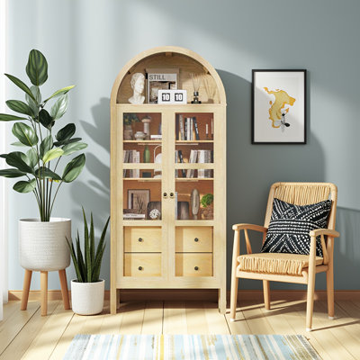 Armoire de rangement arquée moderne 72 po avec portes en verre - lumière automatique, tablettes réglables en hauteur et 2 tiroirs (grain de bois de chêne original)