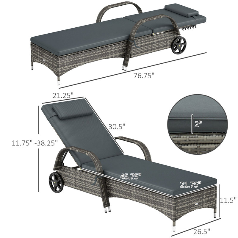 Adjustable Backrest Rattan Pool Lounge Chair,Outdoor Chaise Lounge with Wheels, Cushion & Headrest