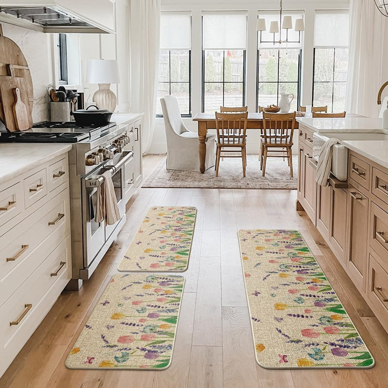 Artoid Mode Lavender Tulip Kitchen Mats – Purple – Set Of 3 Spring Floral Low-Profile Floor Rugs
